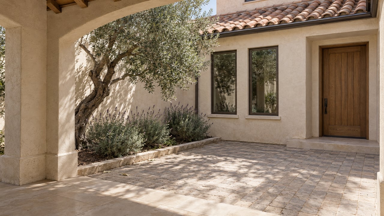 Sunlit stucco courtyard with an arched porch, terracotta roof tiles, oak entry door and a mature olive tree.