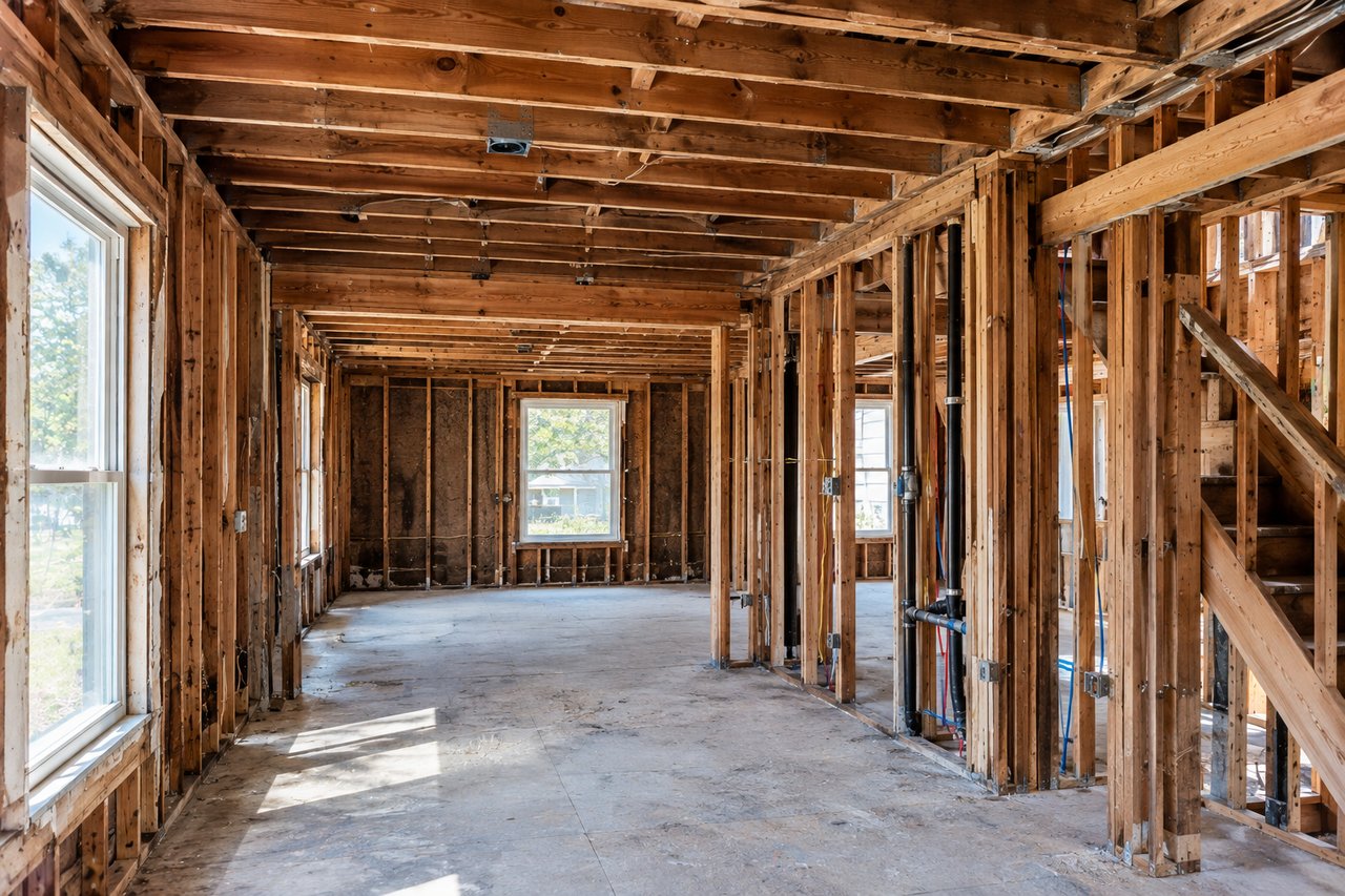 Unfinished home interior with exposed framing, a bare concrete floor, and daylight through several windows.