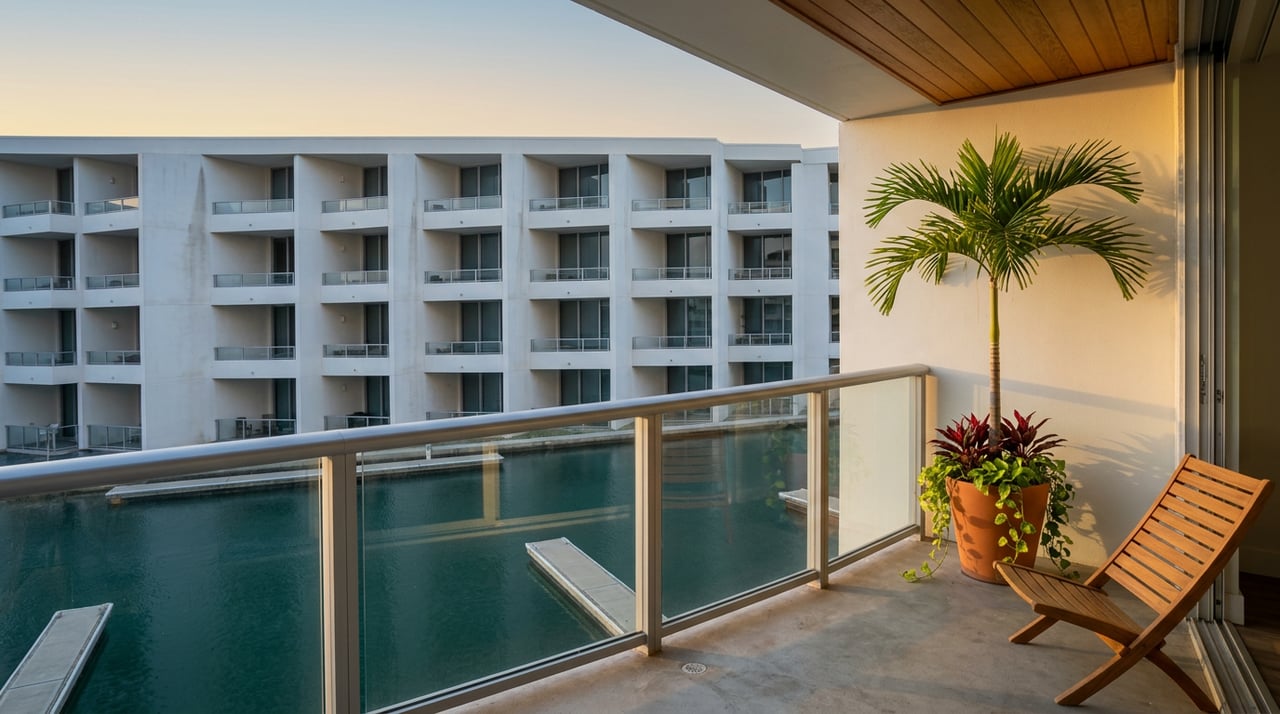 Condo lanai with a teak lounge chair and palm planter overlooking a marina channel and neighboring tower.