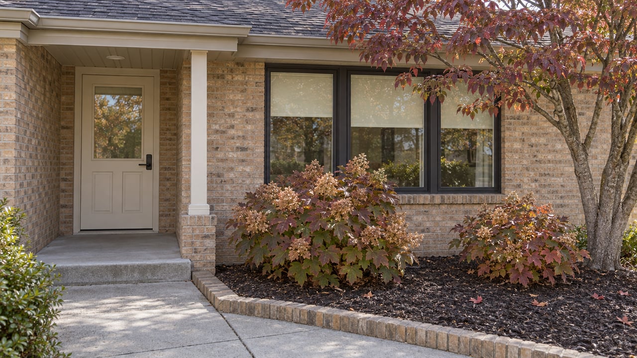 Buff-brick attached home with a sheltered cream entry, black-framed windows, and autumn dogwood and oakleaf hydrangea beside a concrete approach.