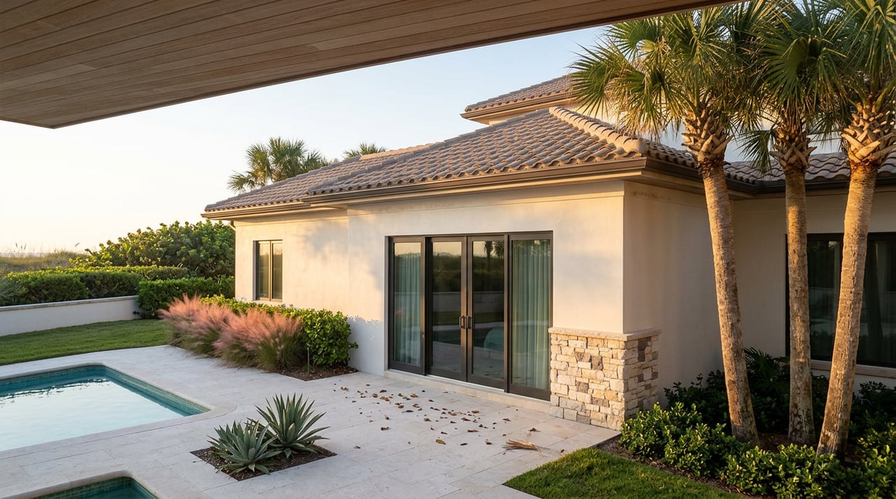 Coastal home with a terracotta roof and palm cluster above a shellstone pool terrace at dawn.