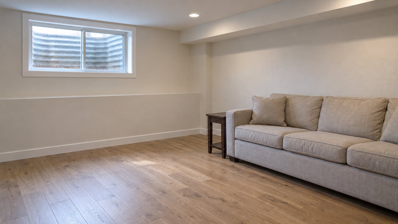 Finished basement family room with an oatmeal sofa, oak flooring, and a window above a steel window well.