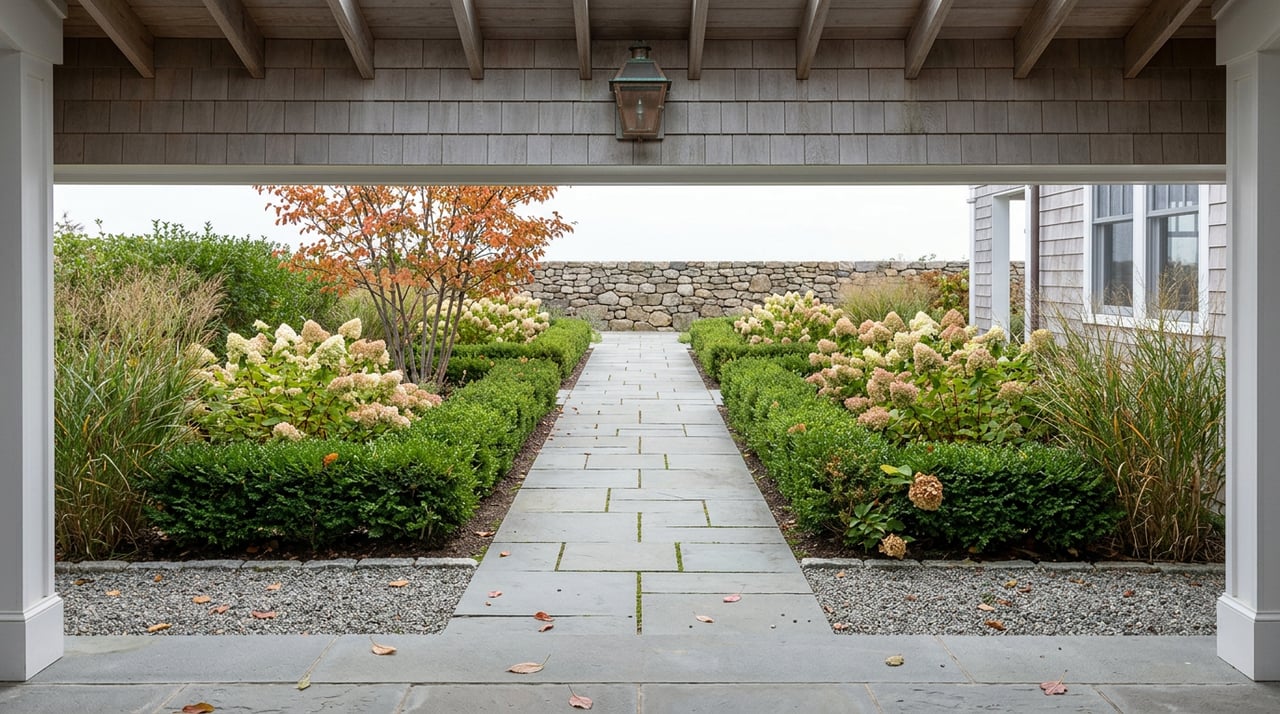 Bluestone path beneath a cedar entry roof, flanked by hydrangeas and autumn foliage, ending at a fieldstone wall.