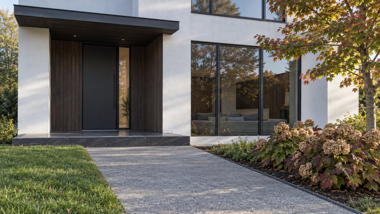 Contemporary home entry with dark wood cladding, charcoal porch tile, a glazed living room and autumn maple beside a concrete walk.