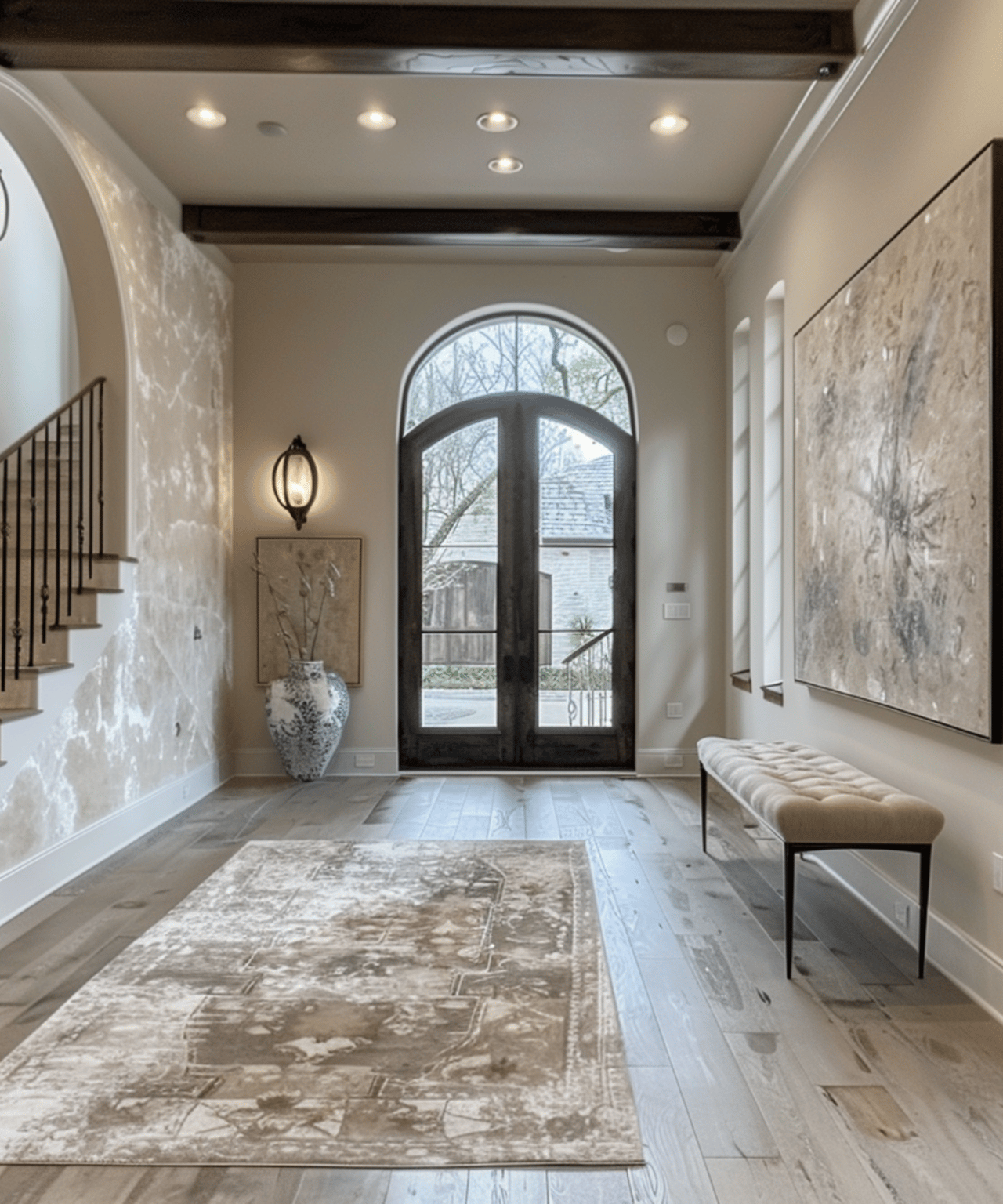 Entry foyer with an arched glass front door, staircase, patterned rug, and upholstered bench.