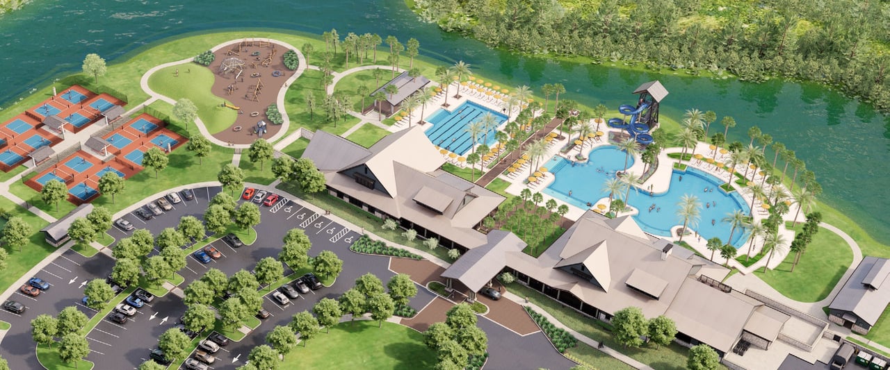 Conceptual aerial rendering of the planned Landing club at Two Rivers, with pools, sports courts, and clubhouse buildings.