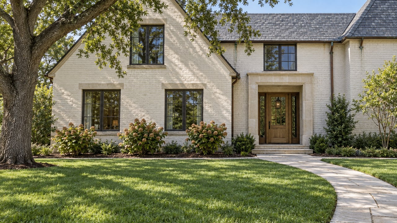 Cream brick home with a slate gable, recessed oak entry, limestone walk and broad lawn shaded by a mature oak.