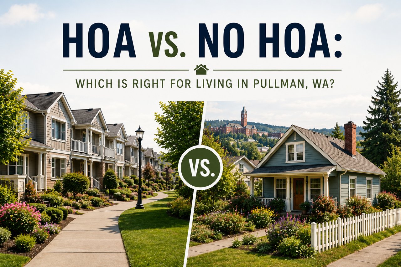 Modern real estate graphic comparing HOA and non-HOA living for homebuyers considering neighborhoods in Pullman, Washington.