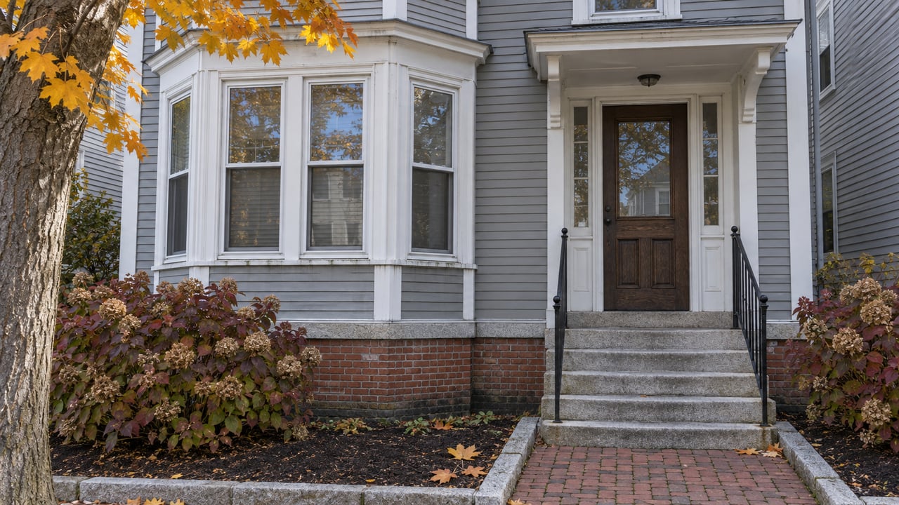 Gray clapboard multifamily facade with white bay windows, a closed oak entry door, granite steps and autumn foliage.