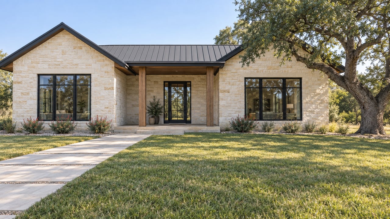 Single-story limestone home with a dark metal roof, covered entry, and large shade tree.