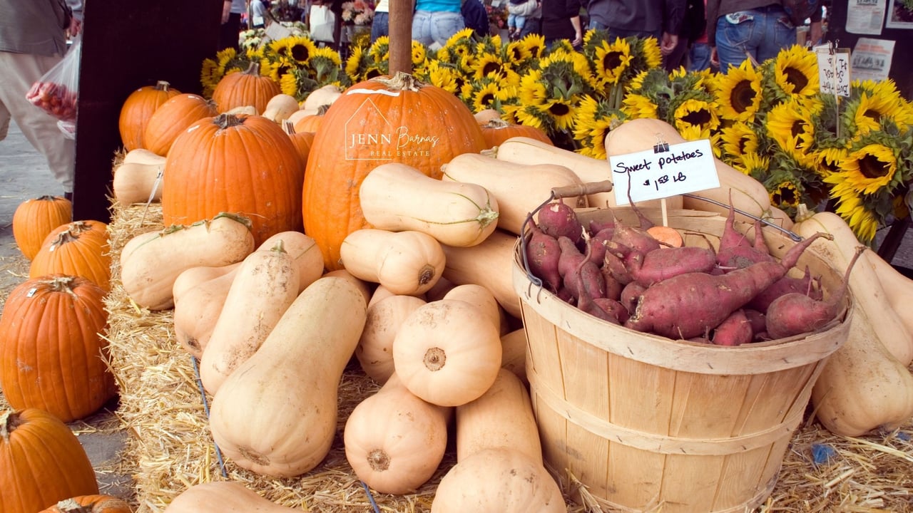 Pumpkins, squash, sweet potatoes, and sunflowers at a farmers market.