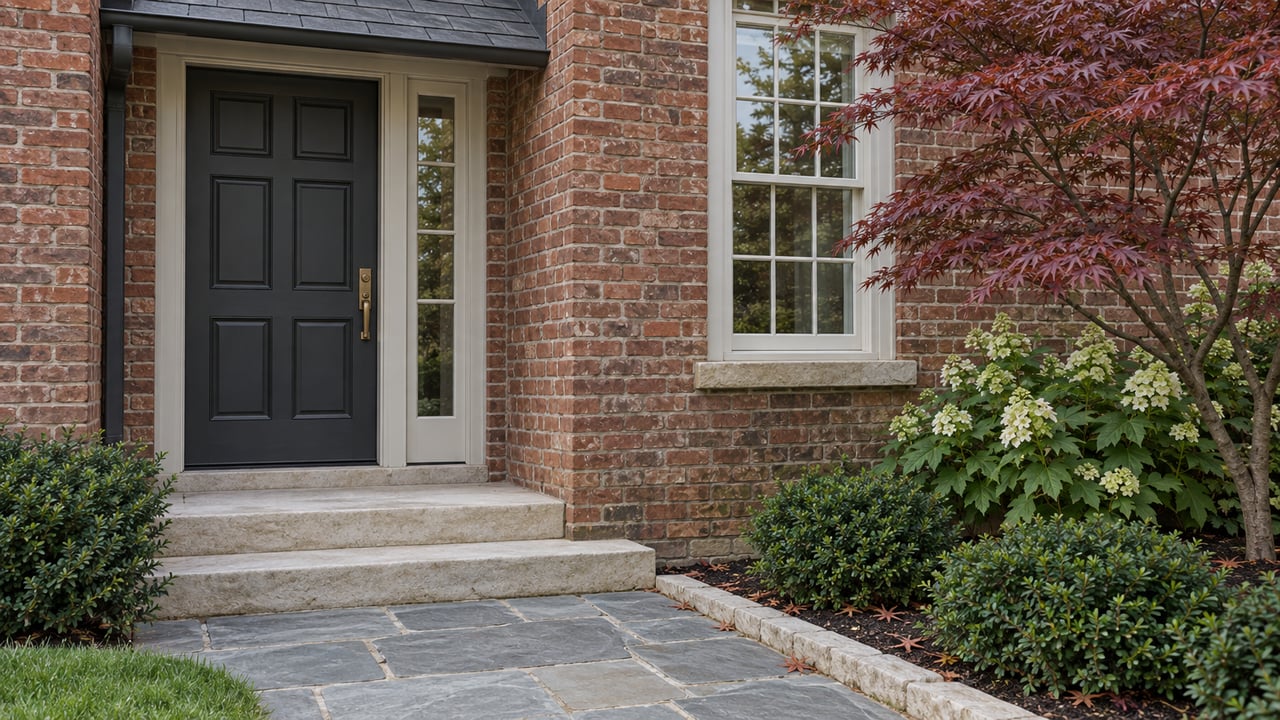 Brick house entry with a charcoal paneled door, limestone steps, and a Japanese maple beside the window.