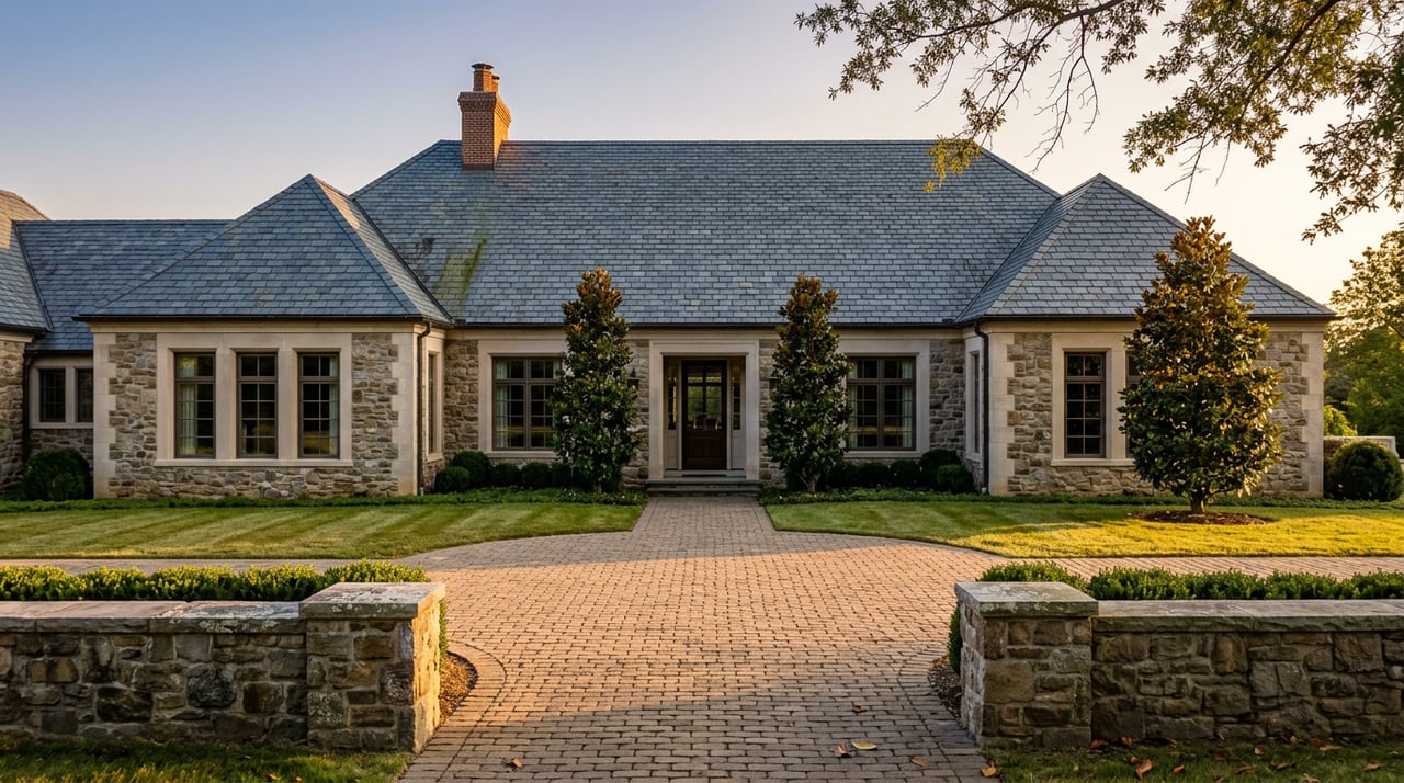 Stone estate with a slate roof beyond a curved paver motor court, bordered by a low wall, clipped hedge, and lawn.