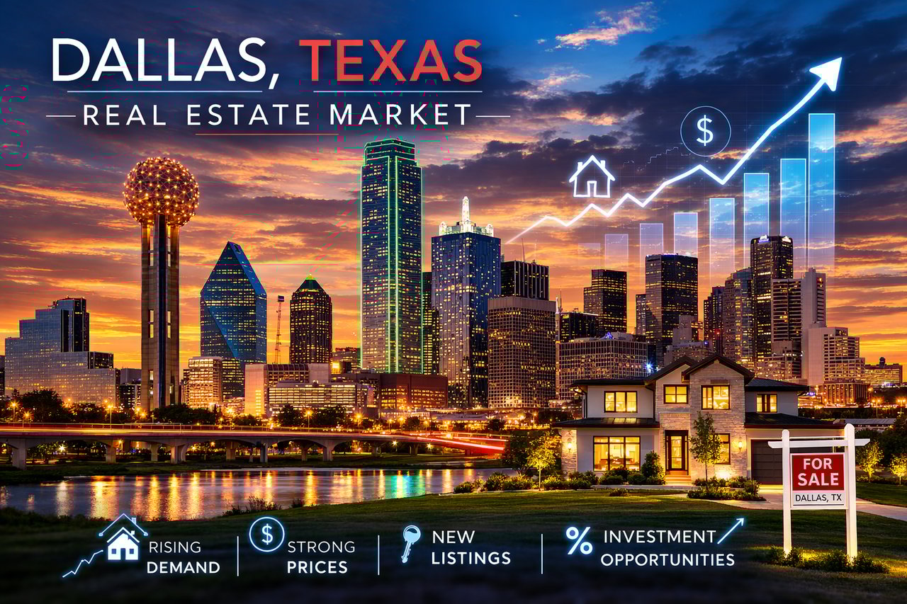 Dallas Texas skyline with modern high-rise buildings and residential neighborhoods.