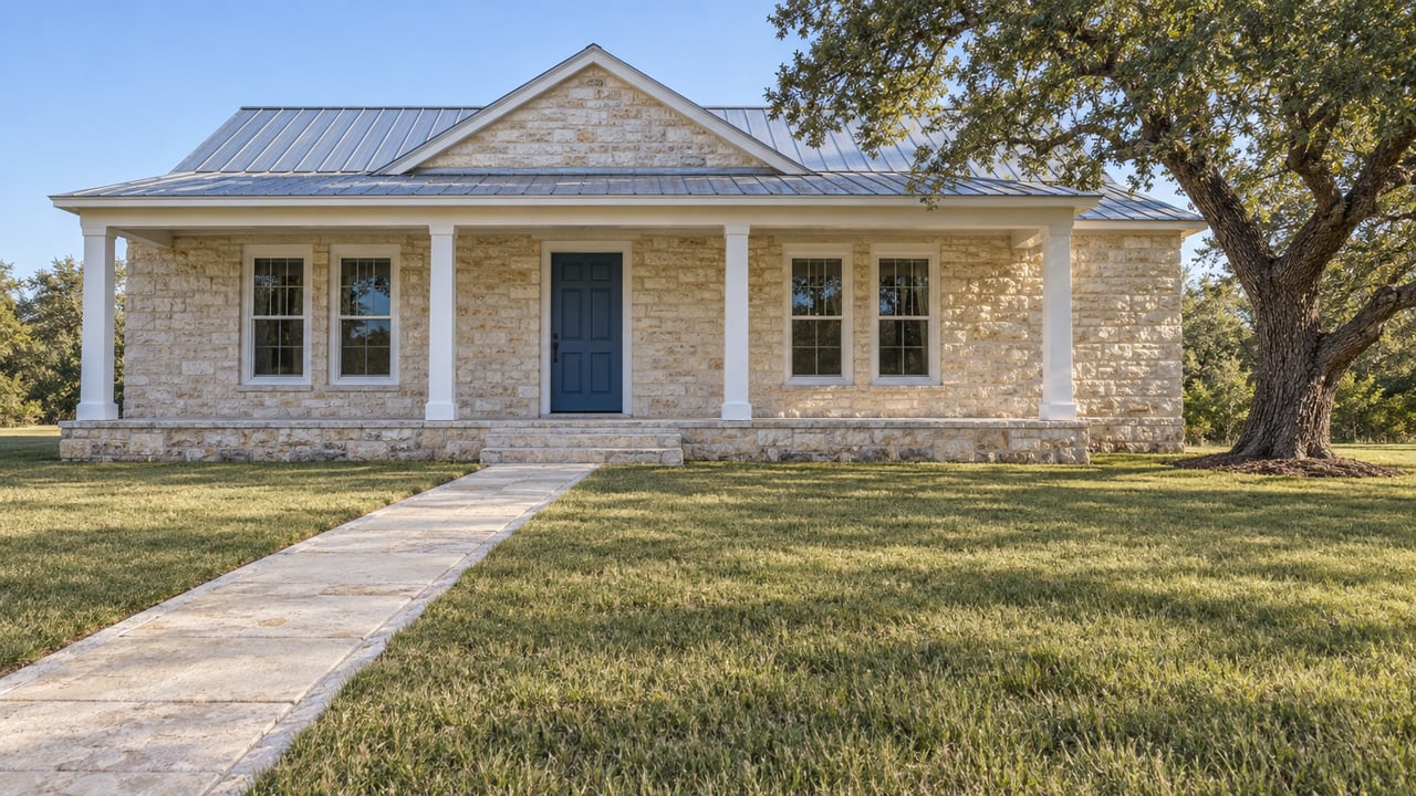 Pale limestone home with a blue front door, white porch columns and a mature live oak beyond a broad lawn.