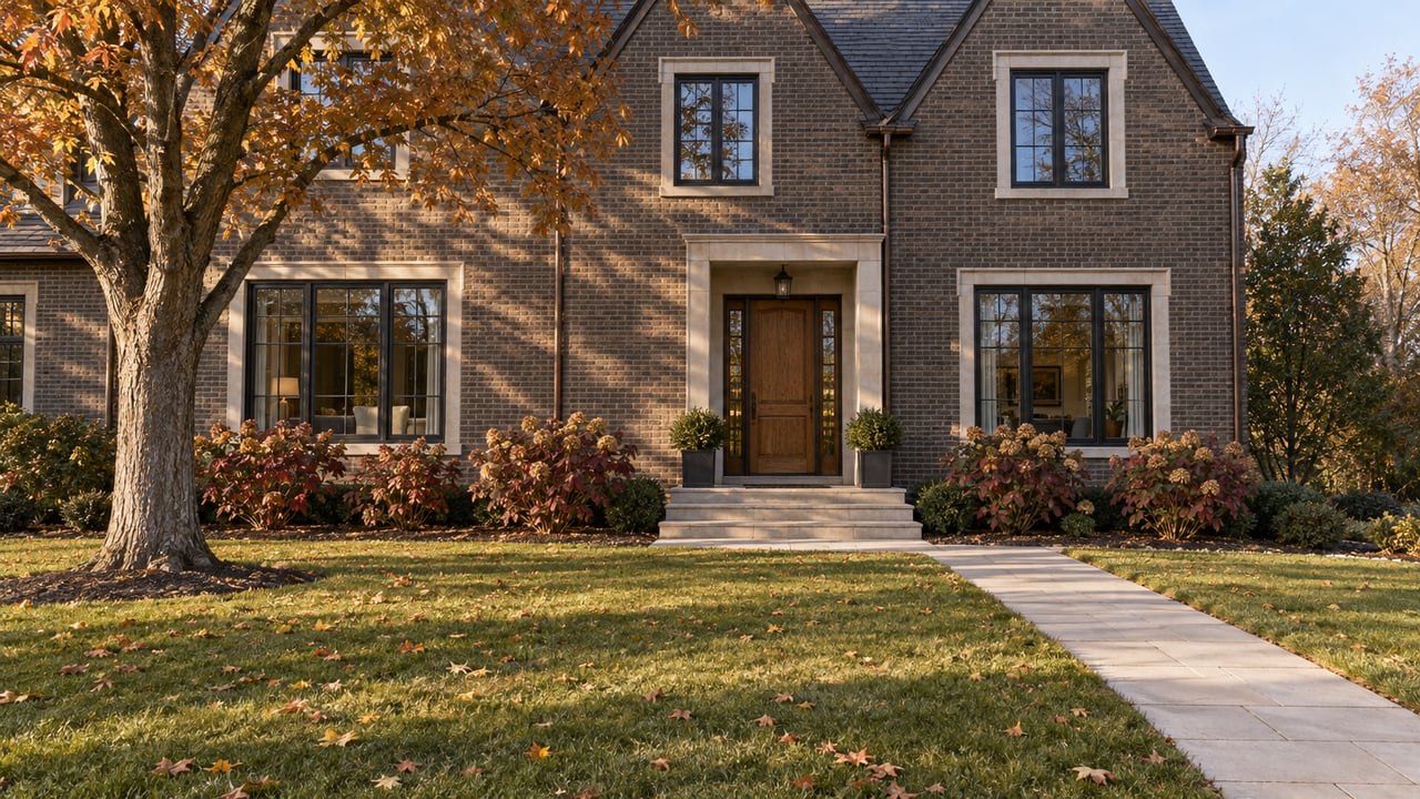 Brick gabled home with limestone entry steps, a deep autumn lawn, and a mature maple retaining amber leaves.