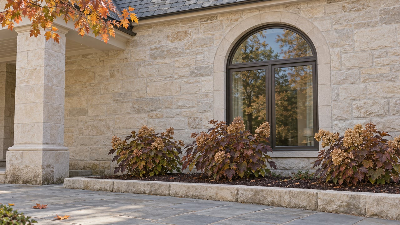 Pale limestone estate facade with an arched bronze-framed window, bluestone approach, and gold and burgundy autumn foliage.