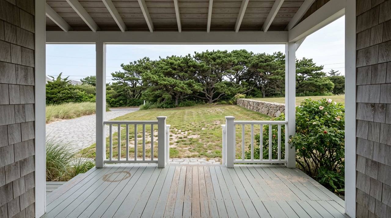 View from a coastal cottage porch across a white railing to a sandy lawn, curving paver drive, and wind-shaped pine.