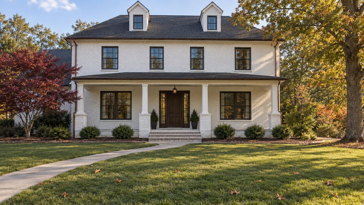 White-painted brick home with a dark gabled roof, a columned porch and a long curved walk through an autumn lawn.