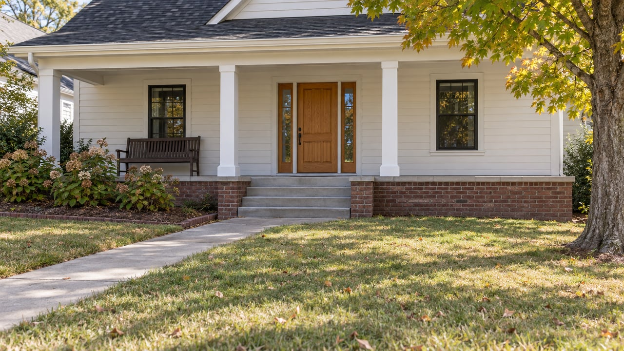 White-sided house with a covered porch, wooden front door, and brick foundation.