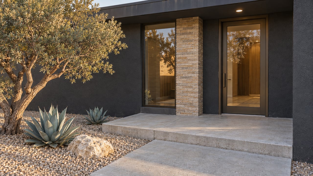 Warm afternoon light across a charcoal-stucco home entry, pale concrete terrace, stone pier and sculptural drought-adapted planting.