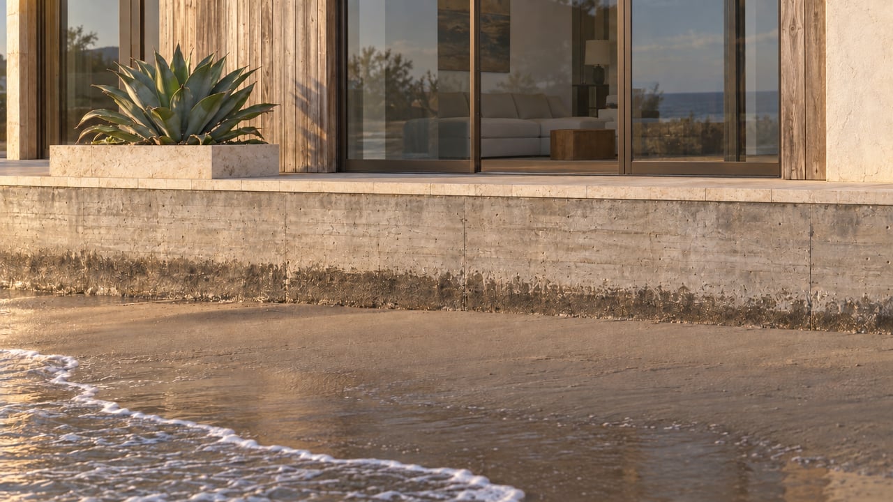 Bronze-framed glass panel closes the central bay between the beach and a furnished living room.