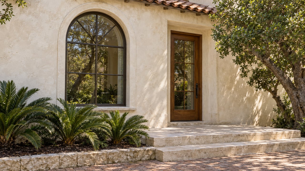 Arched divided-light window and glazed timber entrance in a pale stucco villa, with limestone steps and carefully planted cycads.
