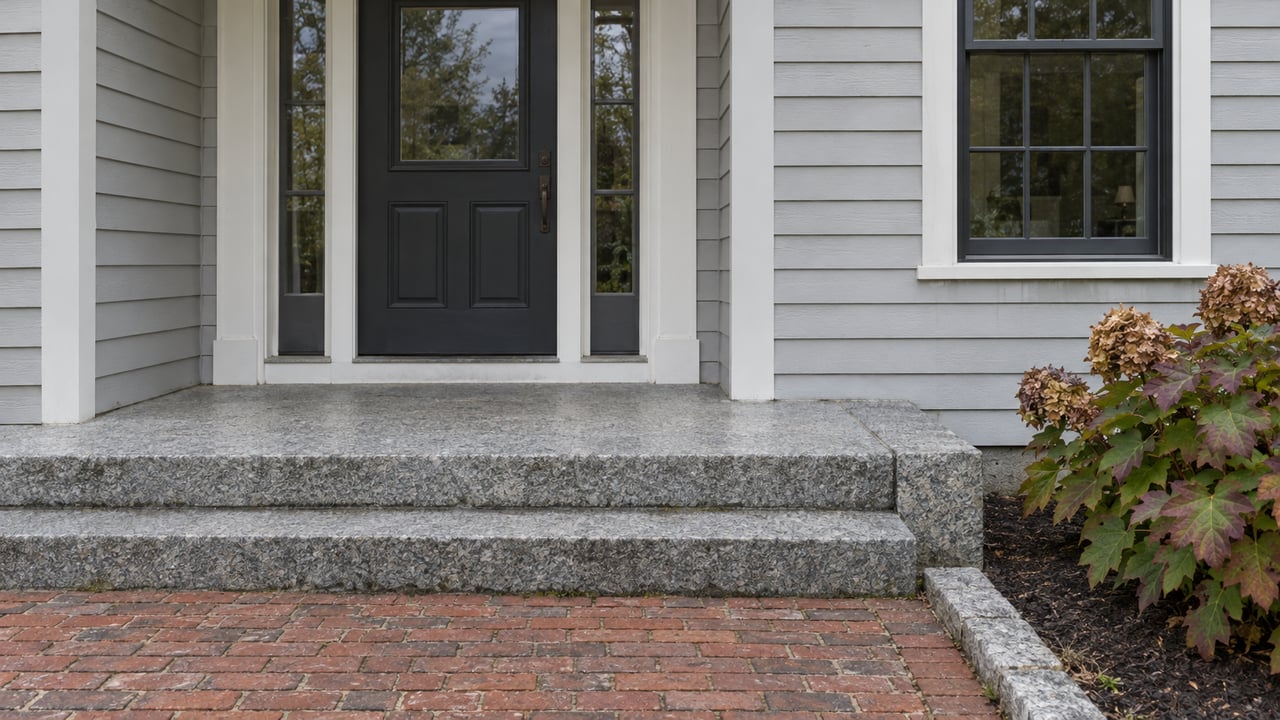 Light-gray clapboard home entry with a dark glazed door, paired sidelights, worn granite steps, brick approach, and autumn oakleaf hydrangea.