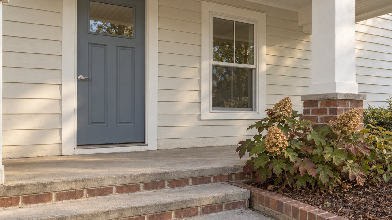 Covered home entry with blue-gray door, white lap siding, brick-faced steps, and an oakleaf hydrangea.