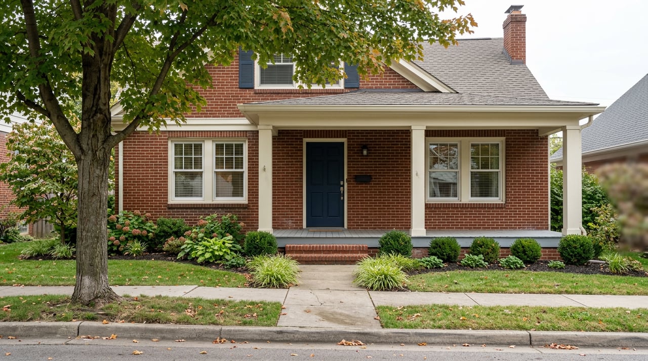 Two-story red-brick home with a covered porch, navy door, and maple leaves turning amber.