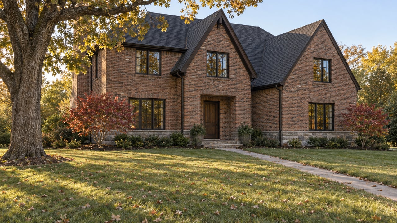 Two-story brick house with a charcoal cross-gable roof, oak tree, and concrete walk across the lawn.