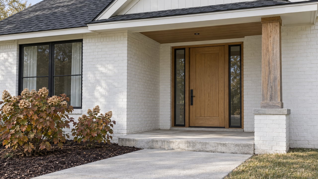 Covered entry of a contemporary brick home, with an oak door, cedar porch column, and autumn oakleaf hydrangeas beside a concrete walk.
