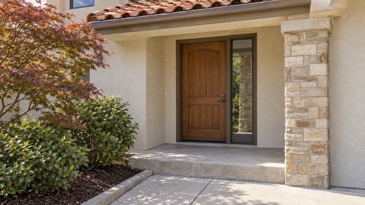 Sunlit cream stucco entry with a terracotta tile porch roof, oak door, sandstone pier, and a small Japanese maple beside the concrete approach.