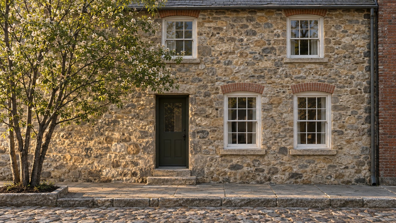 Compact heritage house with rounded stone walls, red-brick window arches, and a dark olive door beside a cobbled lane.