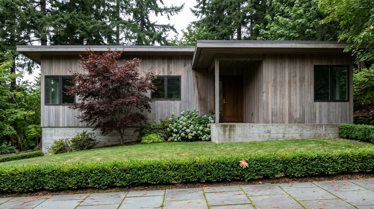 Contemporary cedar-sided home with a gray concrete base, red maple, clipped hedge, and bluestone front walk.