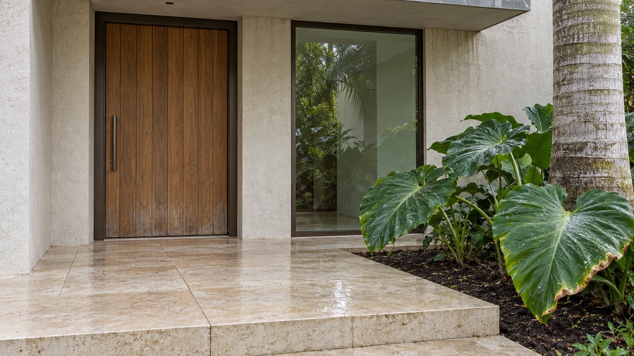 Rain-damp limestone approach to a covered contemporary entrance with a teak door, bronze-framed glass and broad-leaved planting.