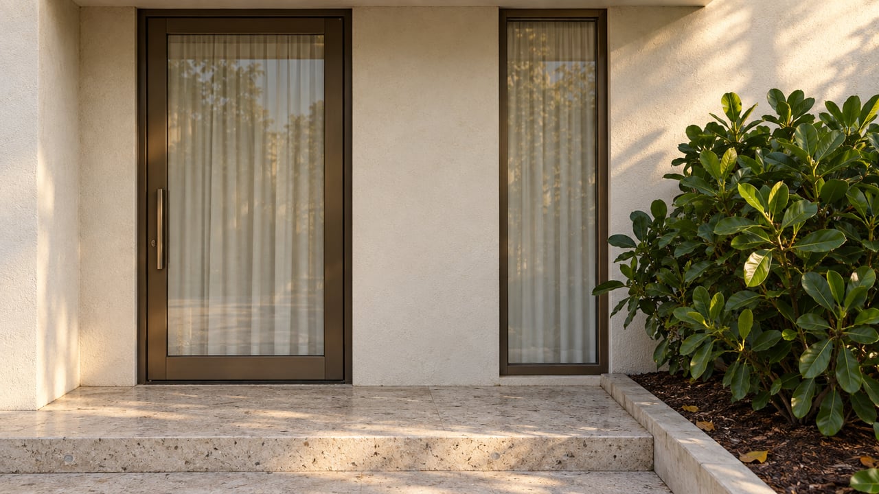Townhouse entry with a bronze-framed glass door, narrow window, shellstone step, and Clusia plant.