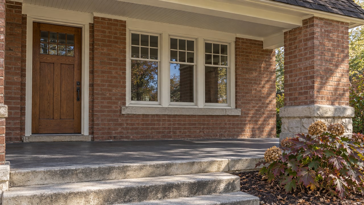 Close view of an older brick bungalow porch with an oak door, cream-painted windows, worn limestone steps, and autumn oakleaf hydrangea.