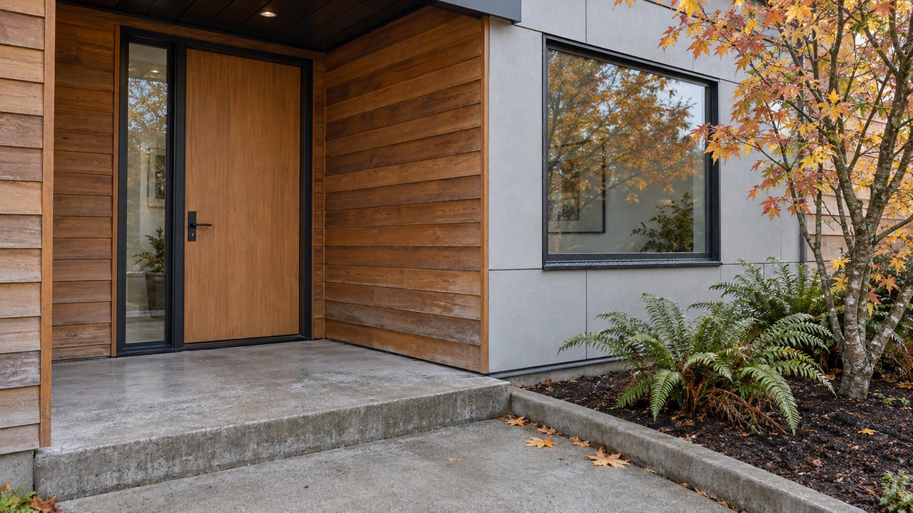 Covered entry with warm wood siding, dark-framed glazing, a concrete approach and copper-yellow maple leaves.