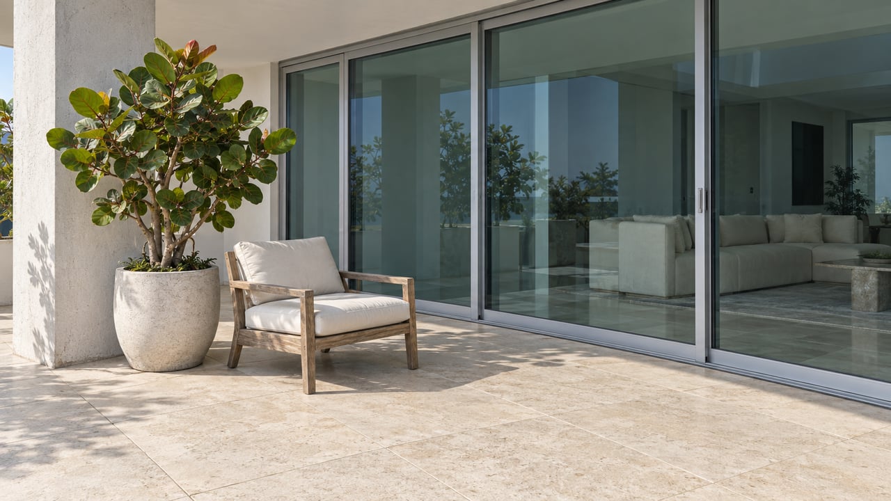 Sunlit covered apartment terrace with limestone paving, a teak lounge chair, a potted sea grape and closed blue-green glass doors.