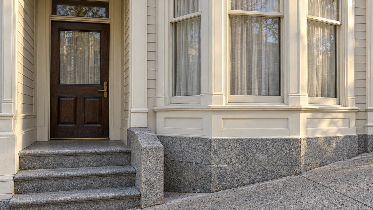 An oak residential entrance beside an ivory-painted projecting bay, with worn granite steps and a steep concrete sidewalk.
