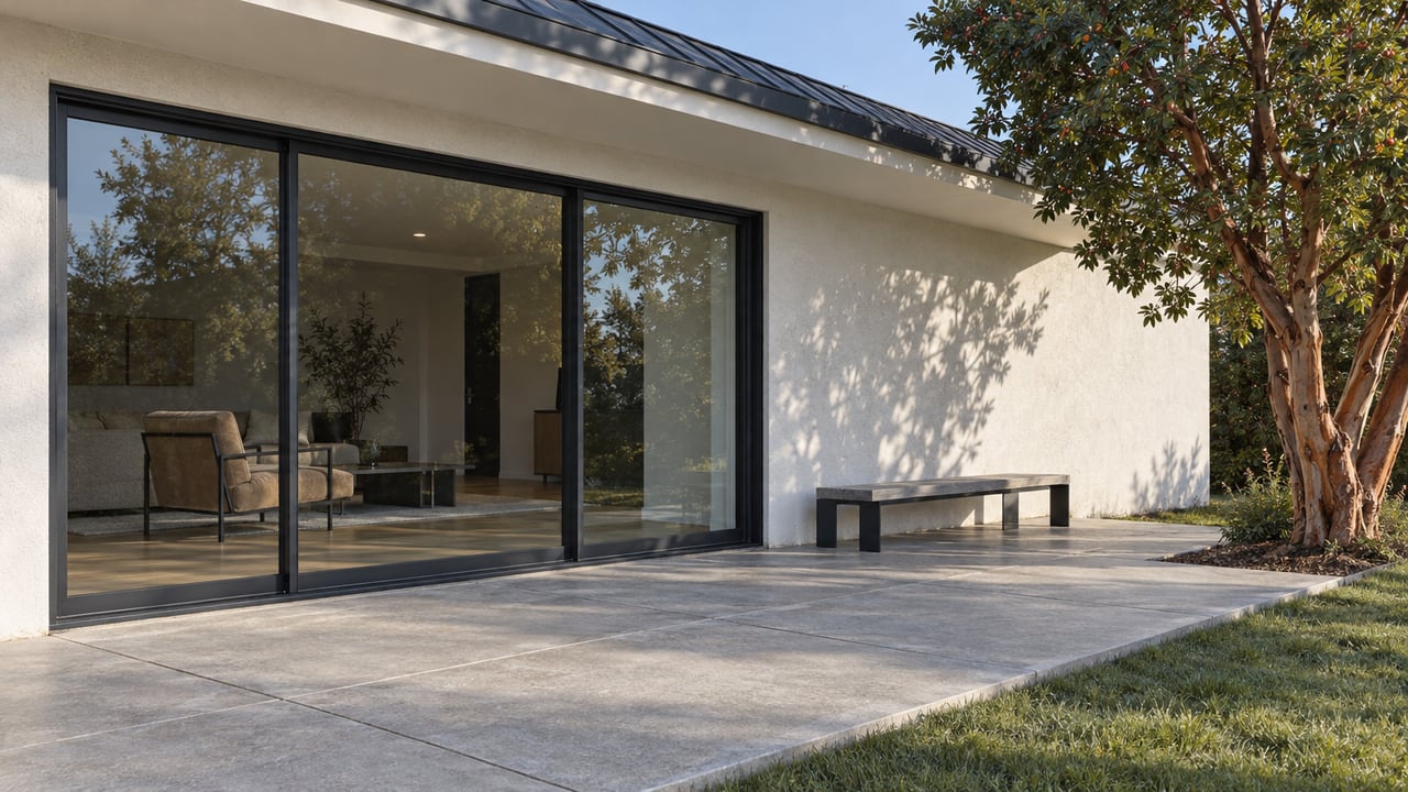 Morning sunlight on a stucco home's black-framed sliding doors, concrete patio, timber bench, and sculptural strawberry tree.