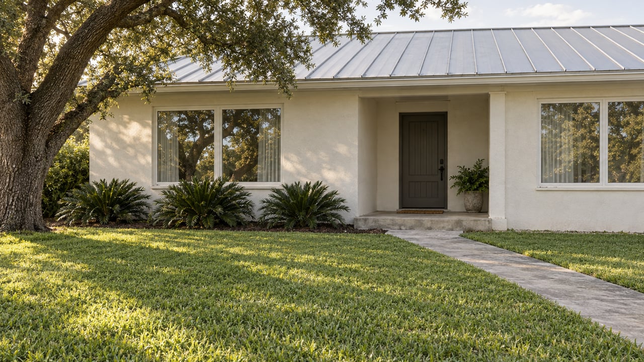 Single-story ivory stucco house with a diagonal lawn path, recessed entry, and large oak shading the lawn.