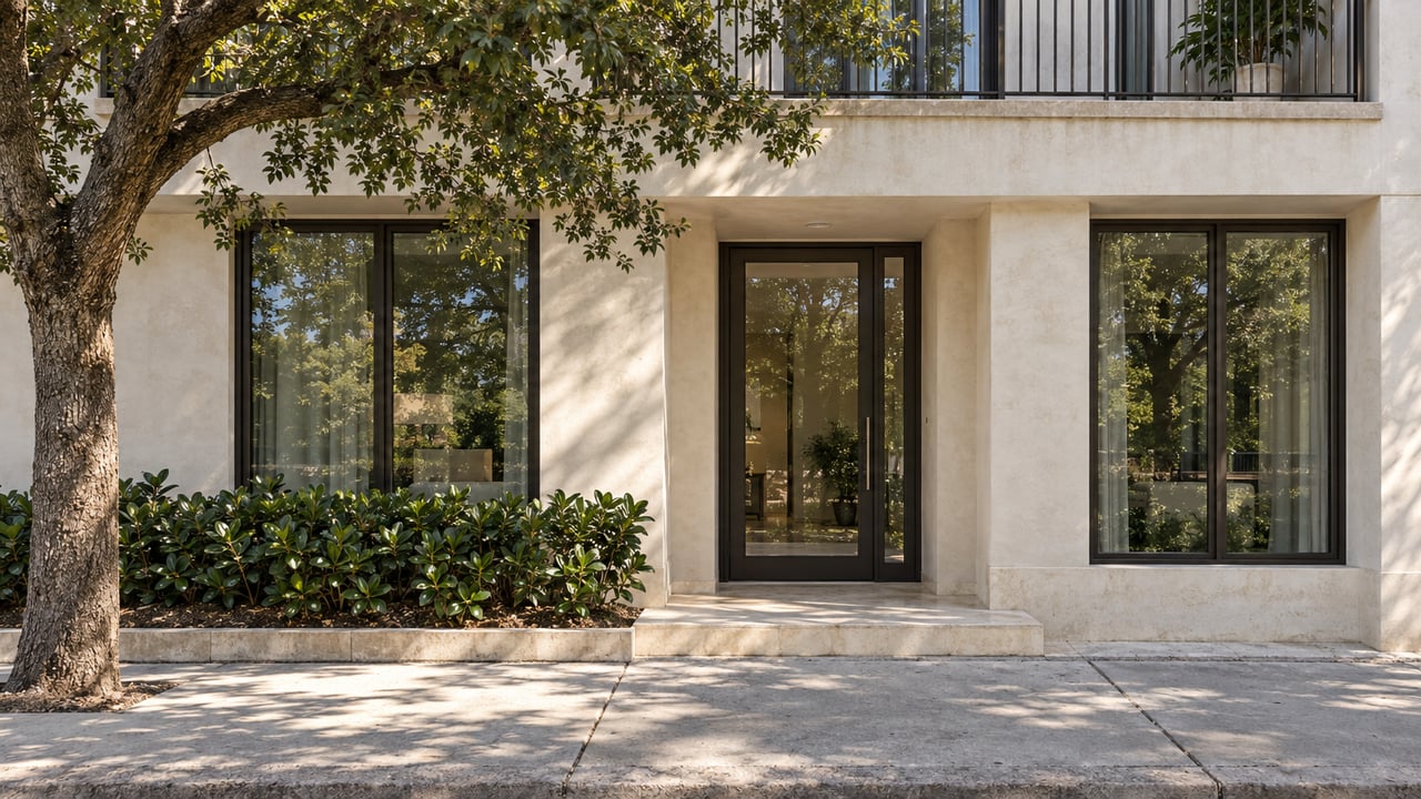 Ivory-stucco condominium entrance with bronze-framed glass doors, a limestone step, and an oak canopy.