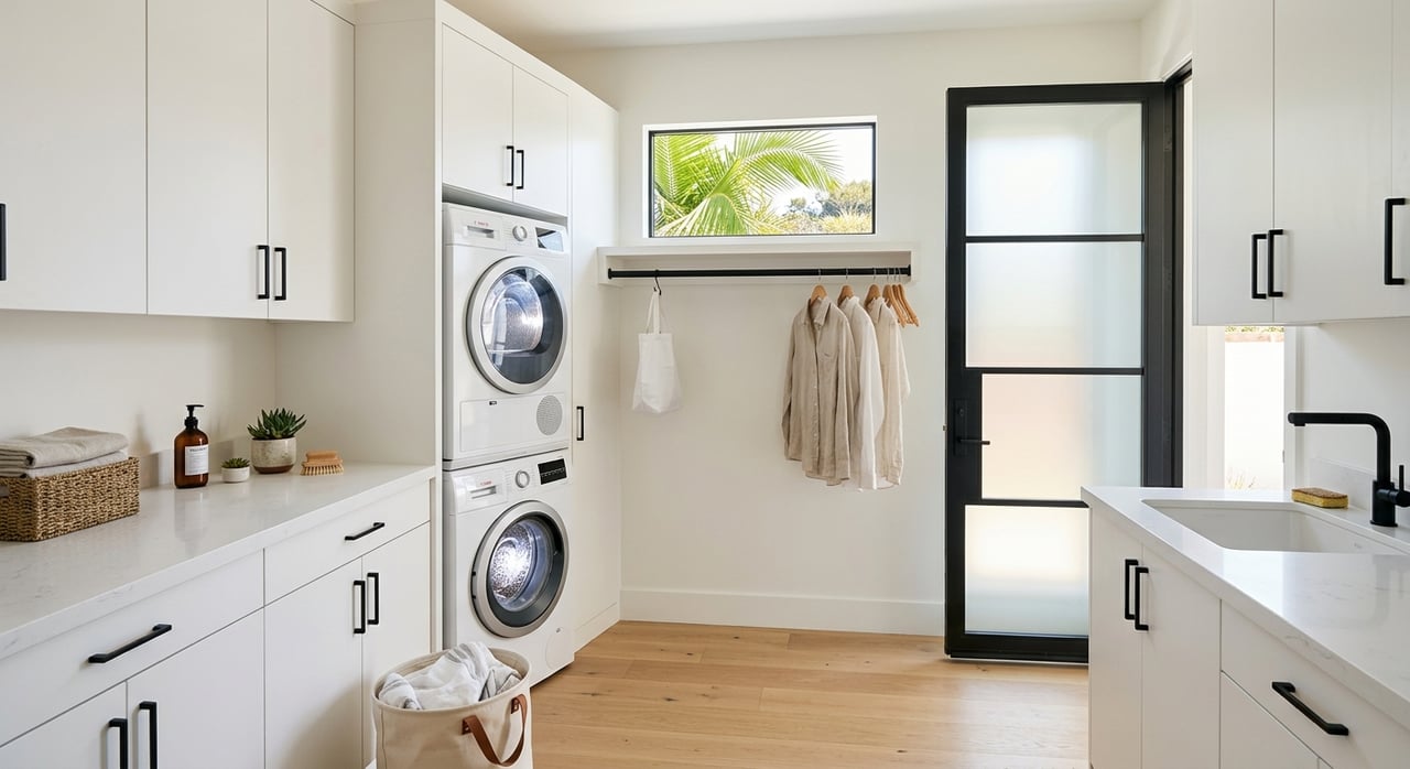 Bright laundry room with stacked white washer and dryer, quartz counter, small sink, and potted plant.