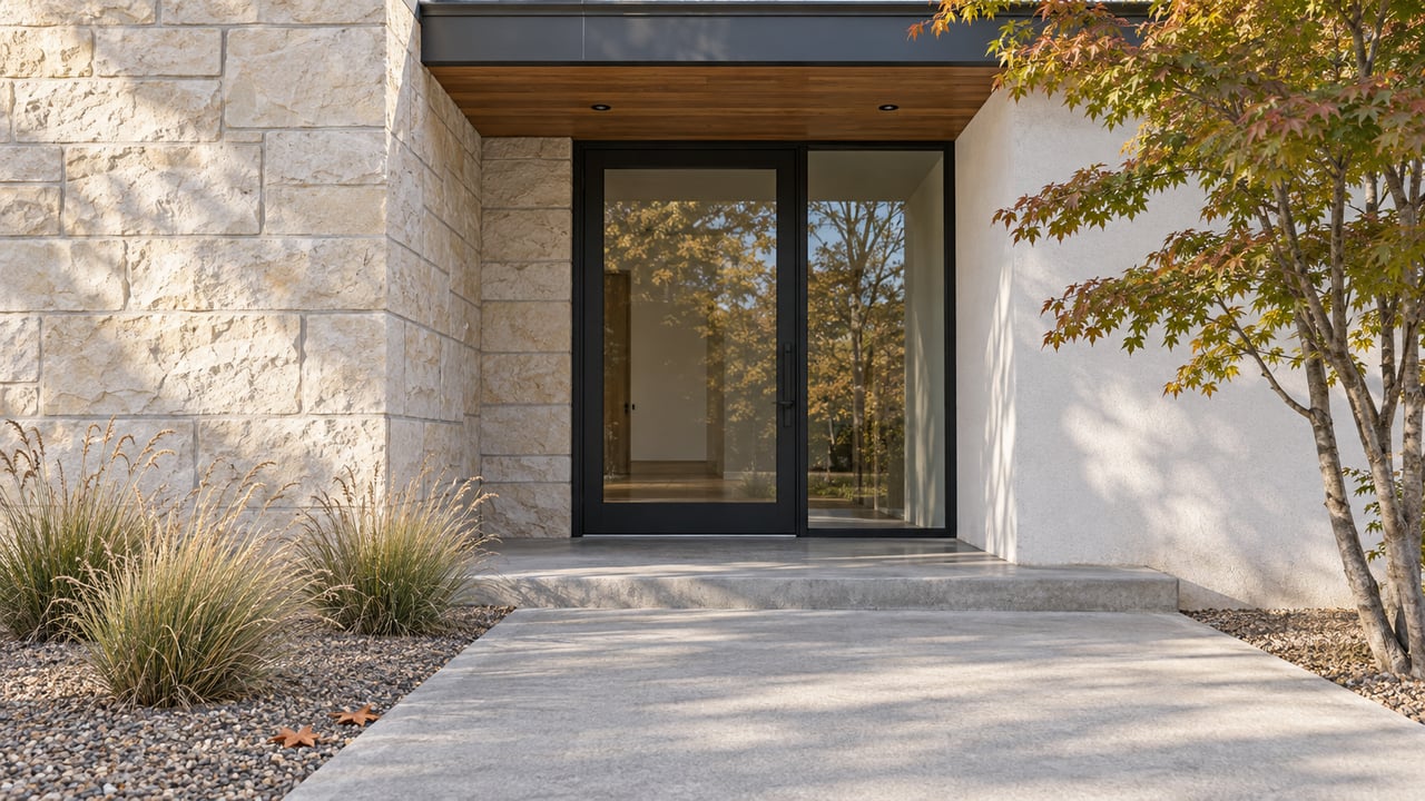 Sunlit limestone and cedar frame a closed glass entry beside a small maple and dry grasses.