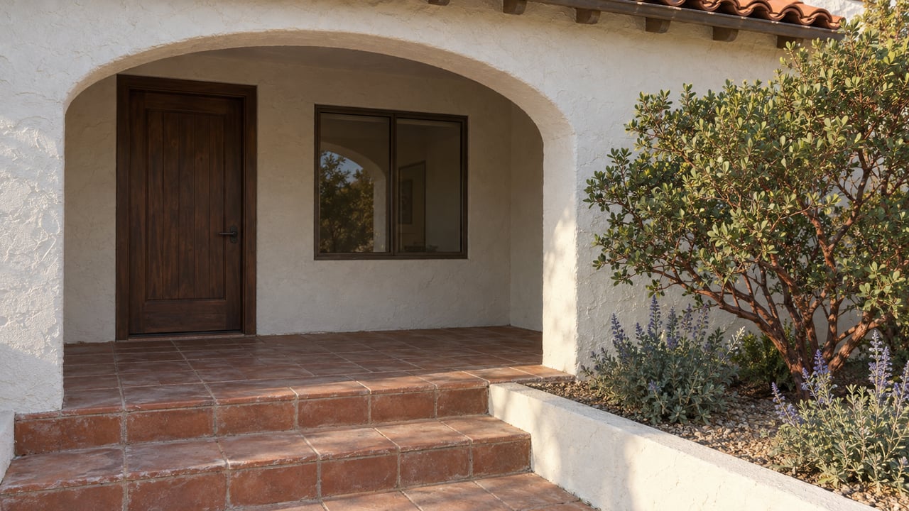 White stucco arched porch with a dark wood door, bronze-framed window, worn terracotta steps, and sculptural manzanita planting.
