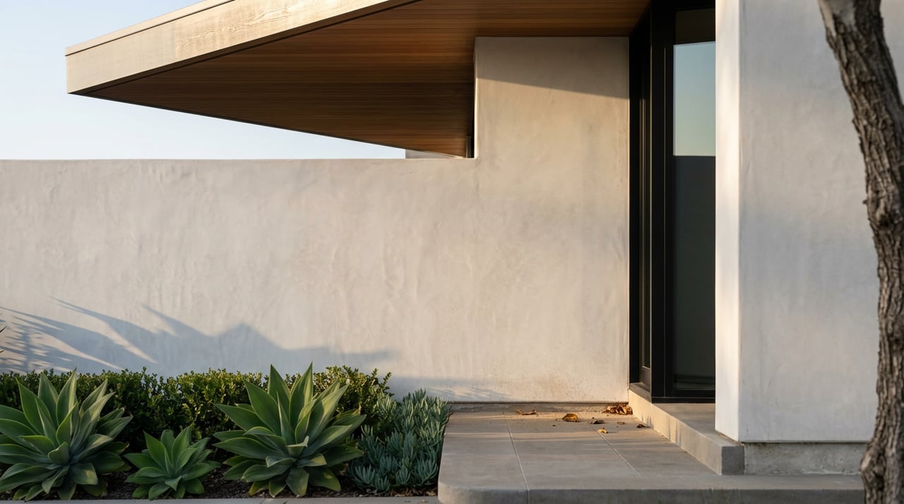 Agave rosettes cast shadows across a white stucco wall beneath a cedar soffit, beside a dark window frame.