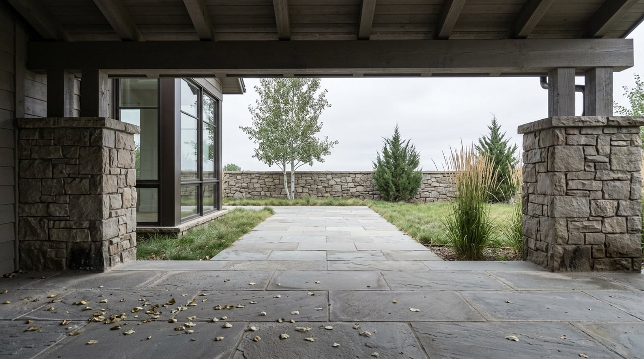 Stone-and-timber entry portico overlooking a bluestone path, fieldstone wall, aspen, and junipers.