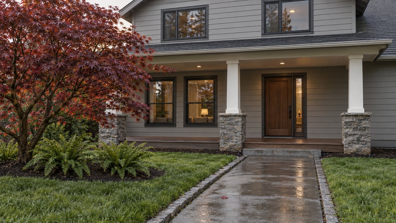 Detached two-story gray house with a covered porch, concrete walk, and Japanese maple.